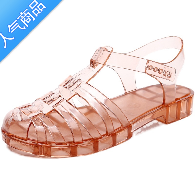 SUNTEK包头凉鞋女夏平底低跟软底透明水晶果冻鞋防滑防水沙滩鞋T鞋沙鞋高清大图