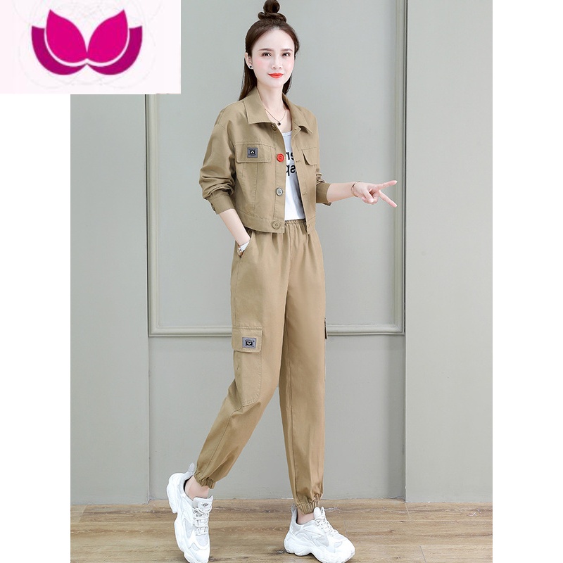 七斓洋气减龄工装套装女2023新款小个子休闲短外套工装裤套 2XL 卡其色