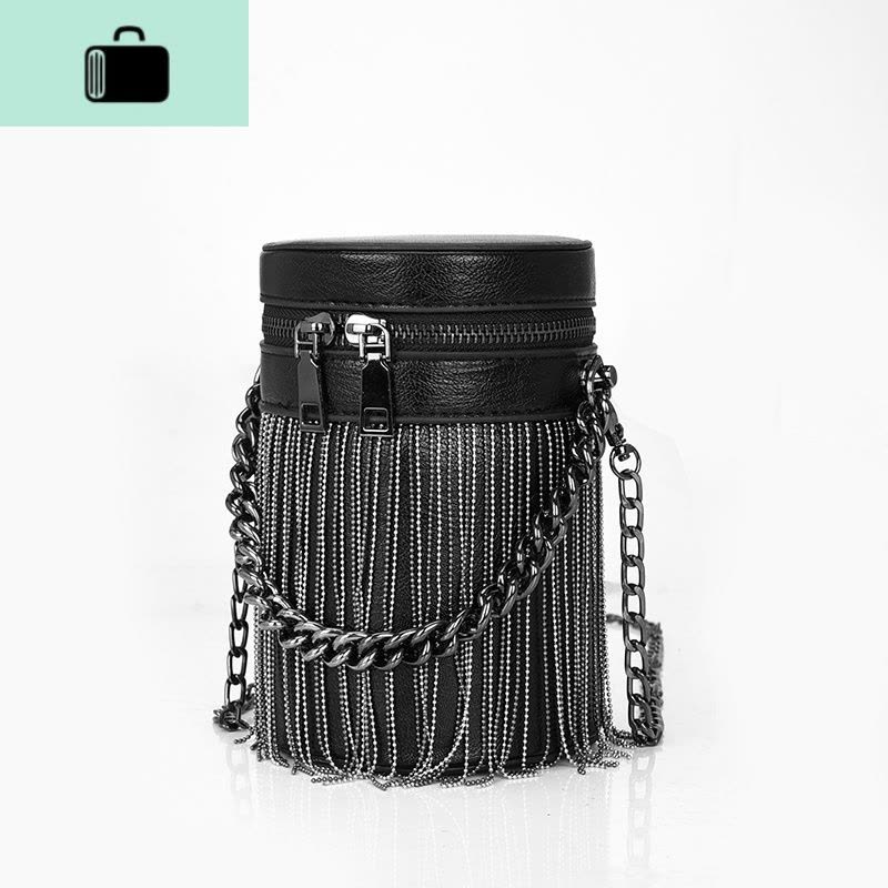 迷你流苏圆筒女包2020新款小众百搭单肩包斜挎包时尚手提水桶包潮NEW LAKE 黑色女士单肩包图片