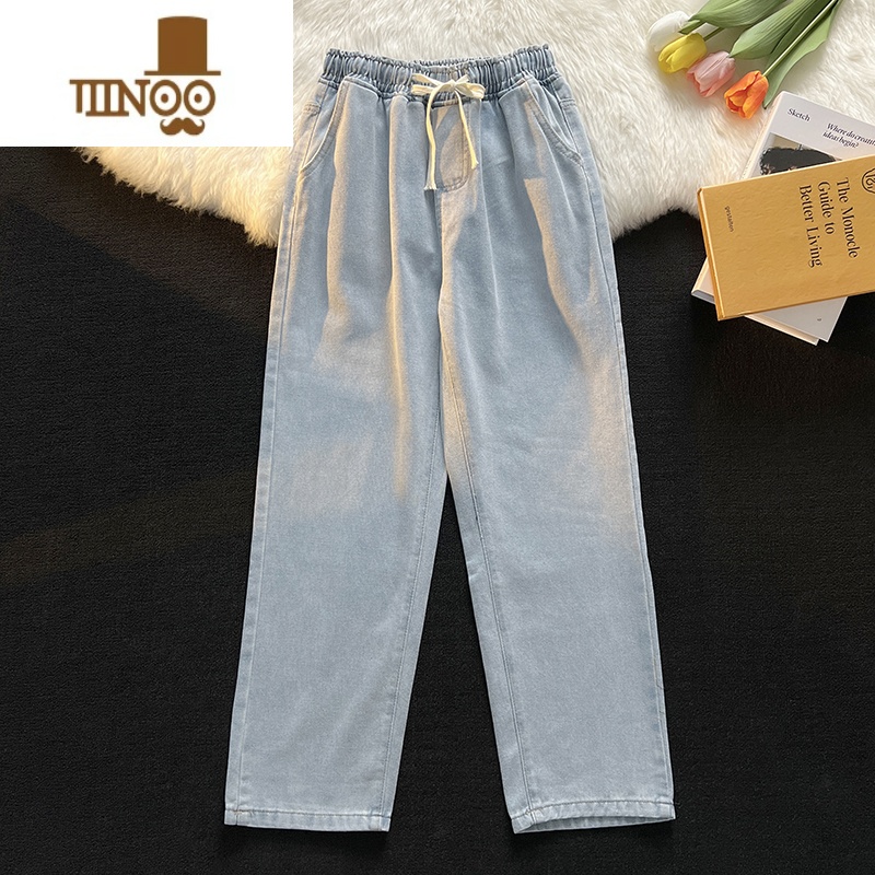 YANXU日系松紧腰牛仔裤男夏季薄款直筒宽松潮牌高街阔腿裤休闲U腿 XL 003浅蓝色