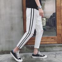一字破洞牛仔裤男夏季修身小脚九分校服裤黑白纯色帅气百搭休闲裤