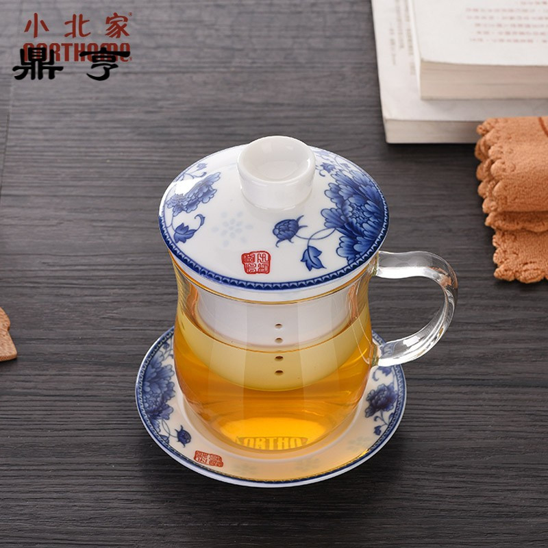 鼎亨陶瓷过滤内胆耐热玻璃泡茶杯带盖青花瓷会议杯茶水分离杯子