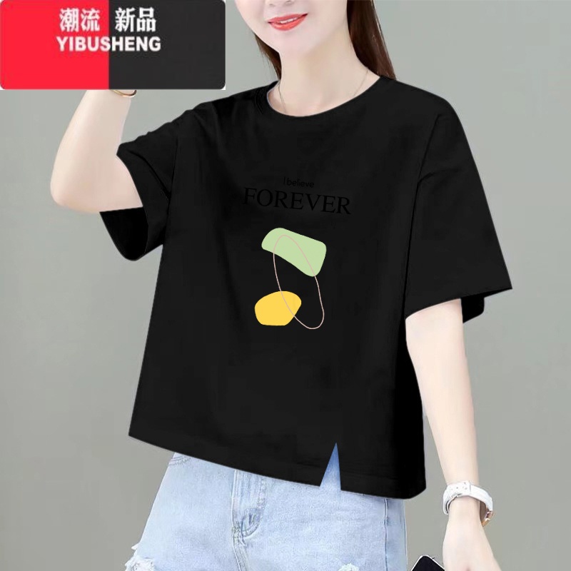 YIBUSHENG短袖t恤女2024新款季韩版宽松百搭短款小个子印花上衣高清大图
