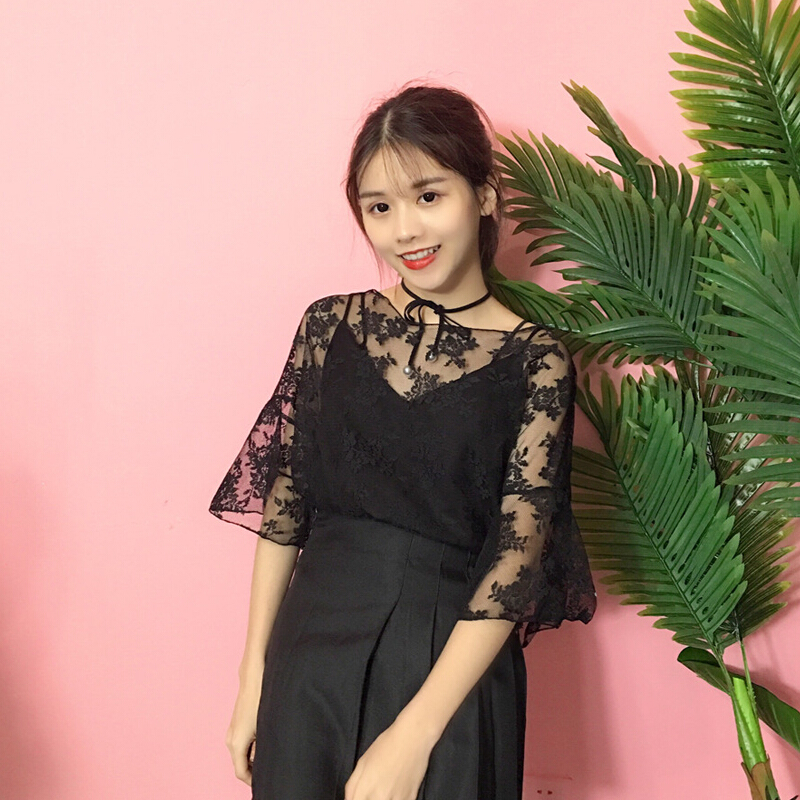 韩版时尚休闲套装春季女装气质喇叭袖蕾丝衫衬衫上衣+带两件套黑色均码