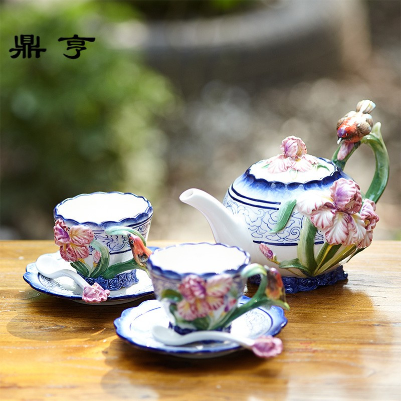 鼎亨青花茶具兰花茶壶杯碟组陶瓷杯子组合水壶茶杯套装咖啡杯瓷杯
