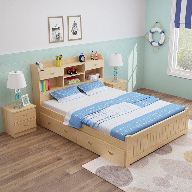 实木床带书架松木床12米15米男孩女孩松木床单人床拼接实木