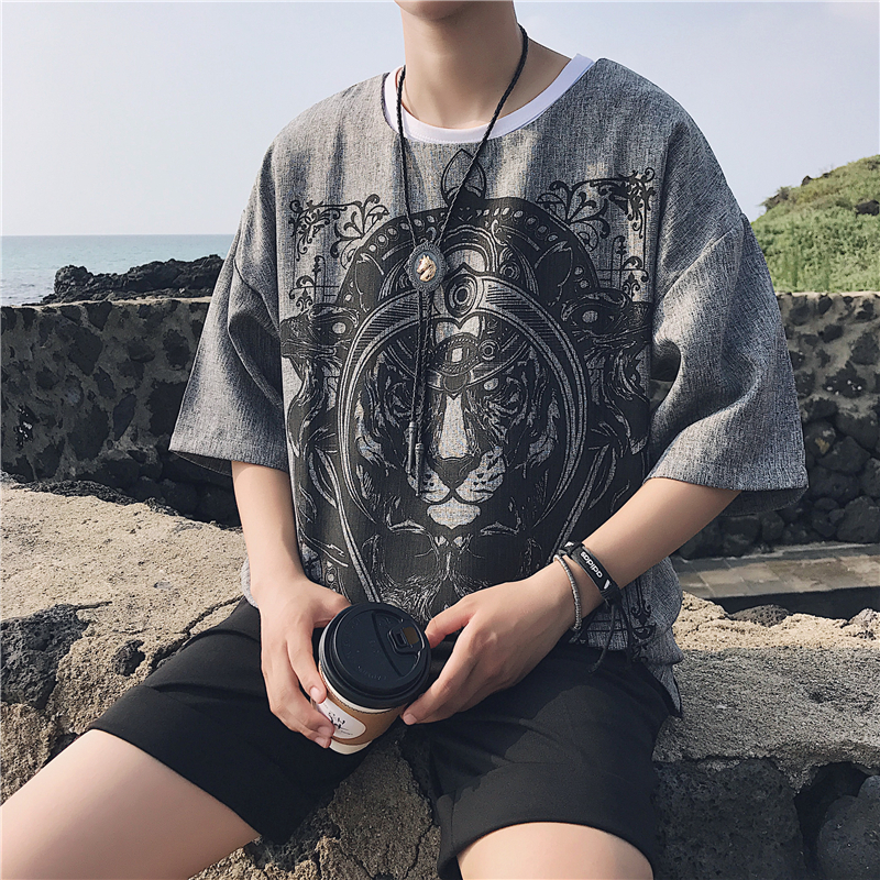 潮个性短袖男学生宽松韩版日韩风衣服男韩版百搭T恤男短袖夏秋