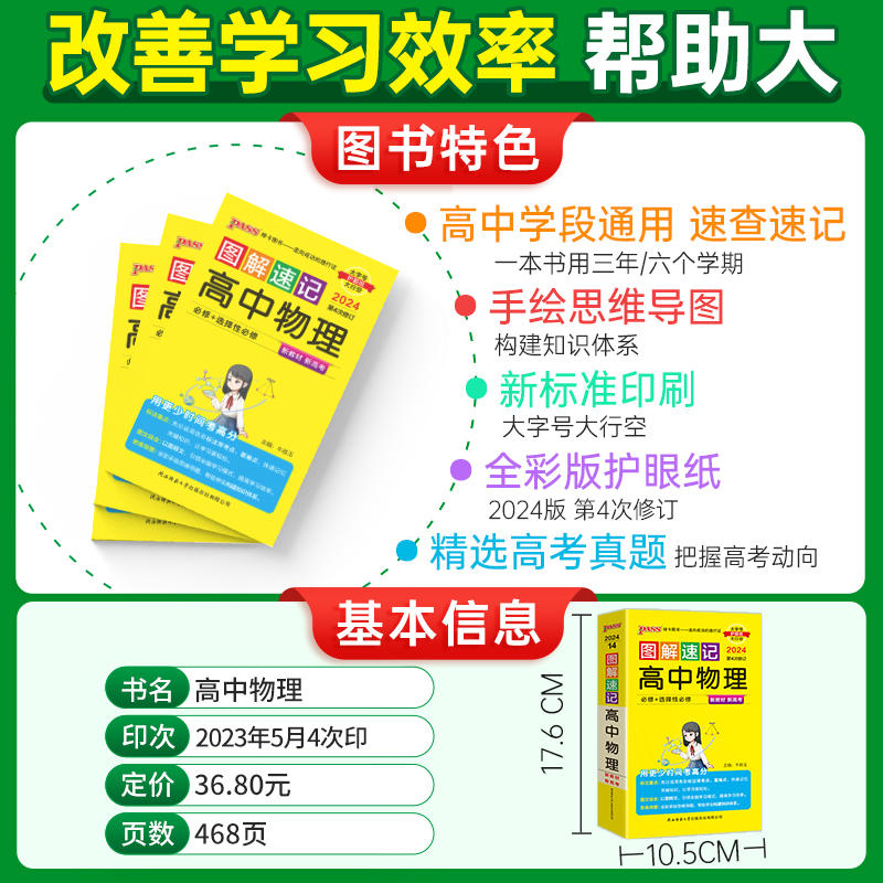[正版]2024新版 pass绿卡图书 图解速记高中理化生3本 必修+选修 全彩版 物理化学生物 高一高二高三高考常考高清大图