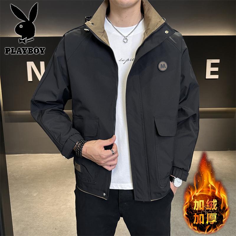 花花公子新款高品质2802M加绒-连帽加绒夹克男大码8XL潮流宽松青少年冬季外套男_824 6XL 黑色