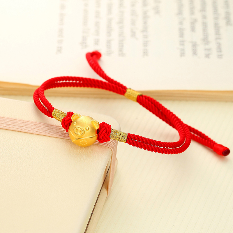 潮宏基福猪金钱纹生肖足金手绳黄金手链3d硬金手饰zq