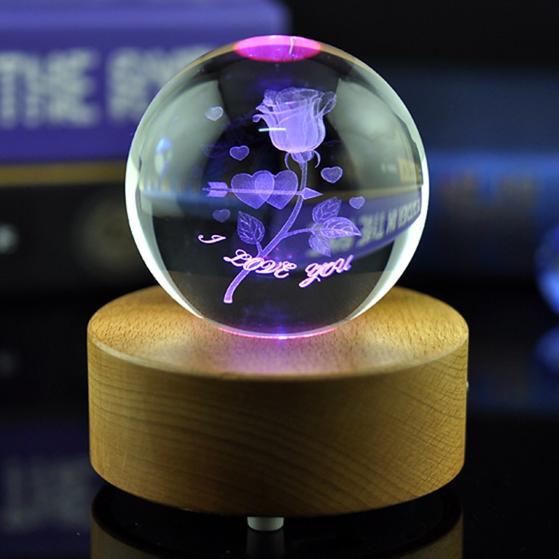 水晶球蒲公英木质音乐盒八音盒送女生女孩儿童生日创意情人节 三维工匠 玫瑰爱心+木质蓝牙音乐盒