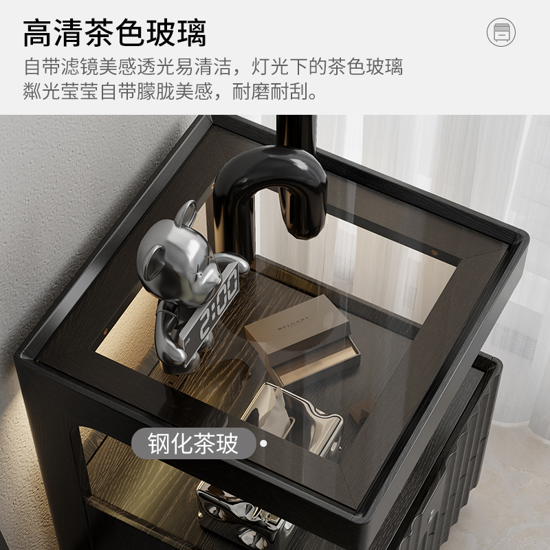 实木床头柜家用置物架中古风卧室带锁储物柜小型床边现代简约收纳柜高清大图