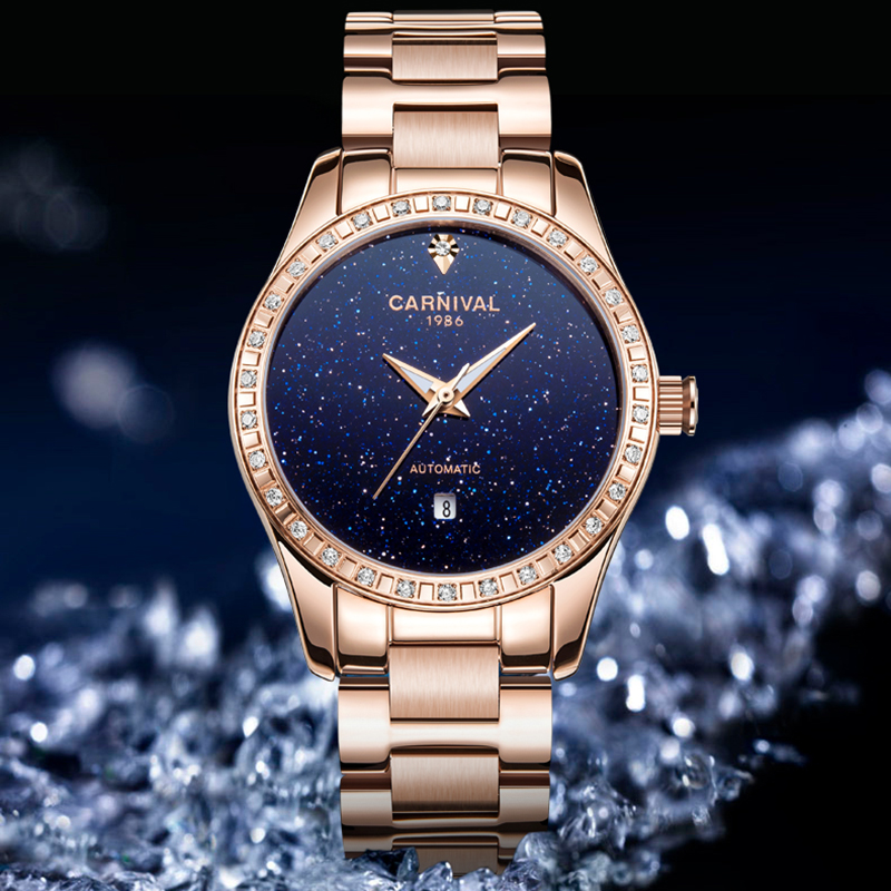 正品嘉年华Carnival手表新款女士全自动机械表 女款镶钻镂空简约款防水时尚潮流女表星空表盘8011L高清大图