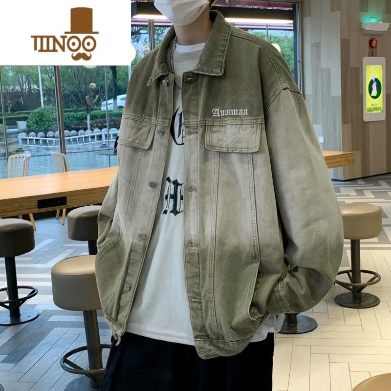 YANXU美式复古情侣牛仔外套潮牌渐变做旧上衣宽松痞帅工装夹克男图片