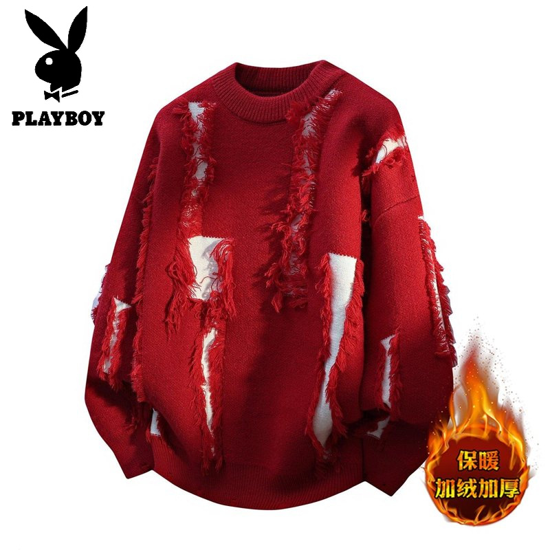 花花公子新款高品质【新款】 2025年秋冬款圆领针织毛衣男 红色 180