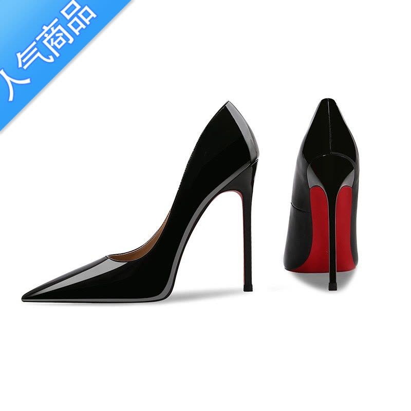 SUNTEK2023年春夏新款漆皮黑色细跟尖头超高跟鞋女职业性感10cm红底单鞋图片