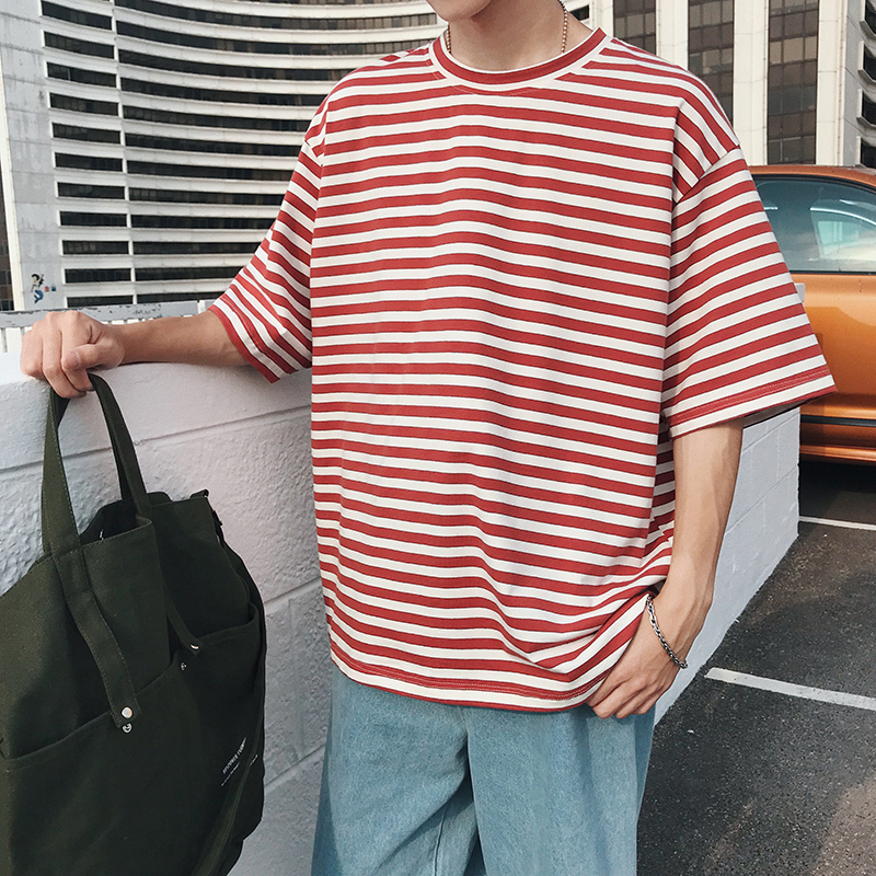 条纹体恤韩版时尚小衫男装上衣服短袖T恤男士潮打底衫圆领T恤春夏