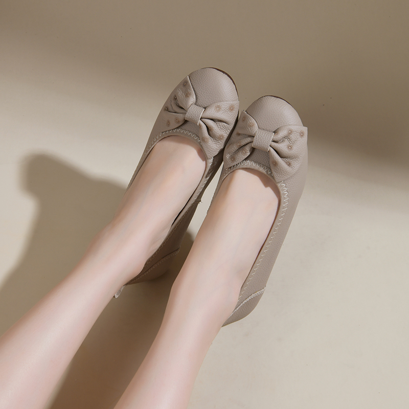 头层牛皮春秋民族风妈妈鞋女软皮软底孕妇平底鞋蝴蝶结浅口真皮单鞋女