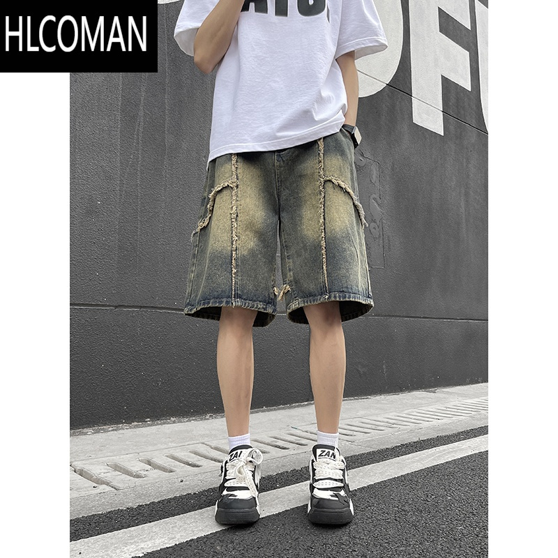 HLCOMAN美式破坏风痞帅牛仔短裤男2025夏季青少年高街vibe宽松直筒五分裤