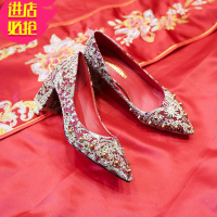 金三志婚鞋女粗跟2021新款红色秀禾鞋复古中式婚礼鞋百搭网红结婚新娘鞋休闲鞋