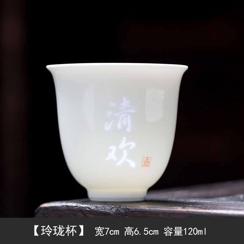 华普思羊脂玉玲珑花神杯白瓷茶杯品茗杯主人杯家用陶瓷单杯功夫茶具礼品 玲珑杯-青欢