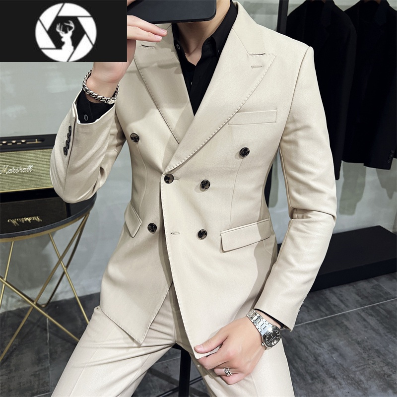 HongZun男士双排扣西装套装2023春季新款潮流修身高级感痞帅西服商务休闲