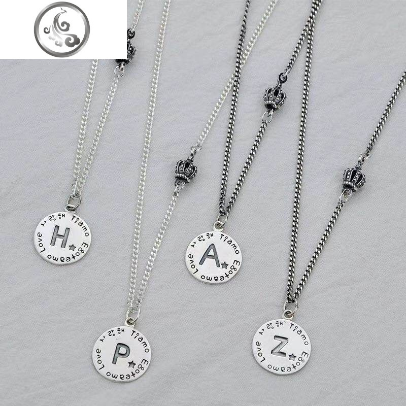 S925纯银英文字母圆牌项链女潮人嘻哈男士项链复古长款情侣毛衣链 50CM-8.4克-XL001（拍下备注字母）