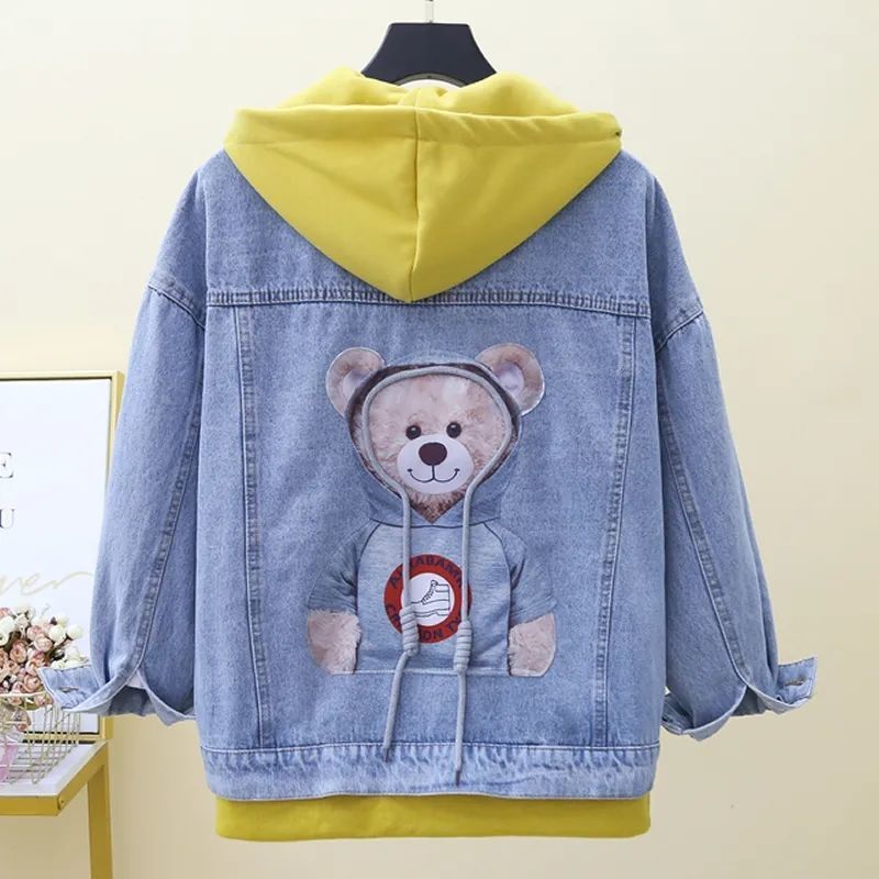 小熊卡通牛仔外套女学生韩版宽松春秋新款假两件洋气减龄夹克上衣名
