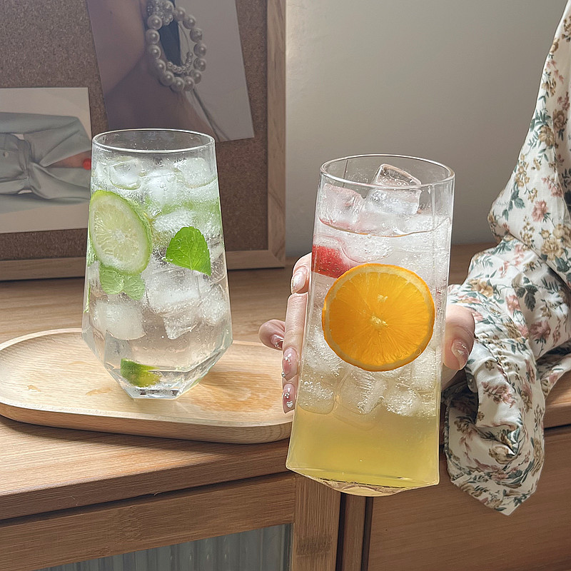 三维工匠ins风菱角玻璃杯网红餐厅水果茶杯苏打气泡水杯冷饮料杯喝水