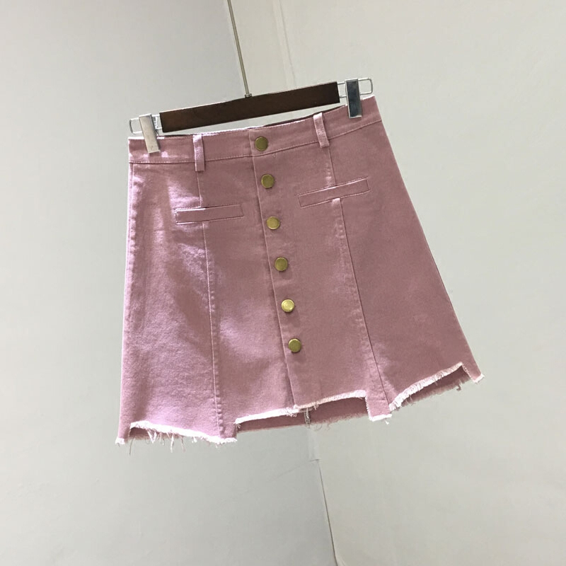 牛仔短裙女2018春夏不规则毛边高腰A字裙单排扣弹力包臀裙半身裙