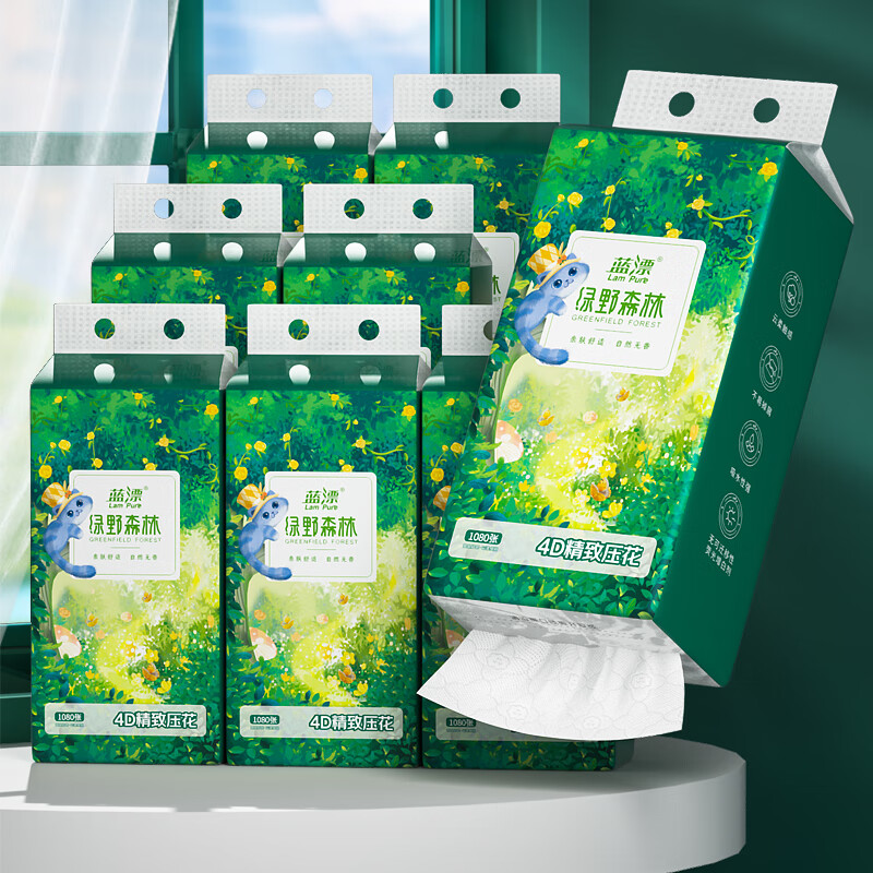 蓝漂绿野森林白色气垫挂式抽纸4层1080张*3提LP0SC003T