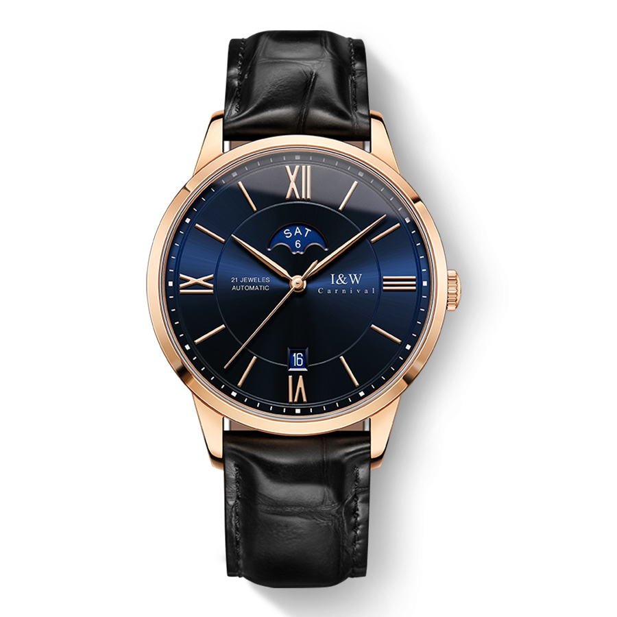 瑞士嘉年华(CARNIVAL)正品手表全自动机械表 男表休闲时尚皮带男士腕表进口机芯防水品牌复古腕表528G 玫金蓝面