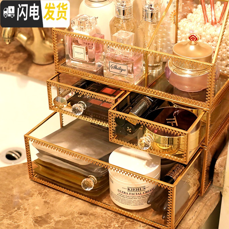 三维工匠网红玻璃化妆品收纳盒防尘桌面大梳妆台口红护肤品刷置物架欧式高清大图