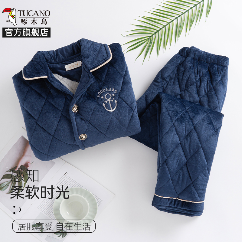 啄木鸟2024冬季三层加厚夹棉睡衣中老年男士法兰绒爸爸加绒家居季高清大图