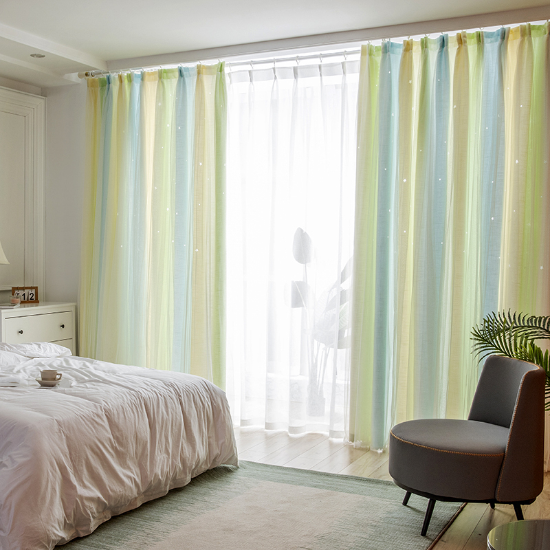 美帮汇条纹地中海遮光现代简约北欧公主风星星窗帘客厅卧室 棉麻地中海浅绿星星丽莎 3宽*2.1高一片挂钩【可改短】
