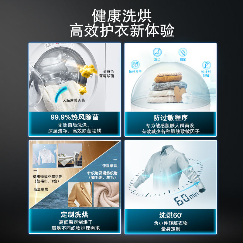 西门子 洗烘一体机除螨变频一级热风除菌高温清洁9KG冰洗套装 WN42A1X81W热风除菌高清大图