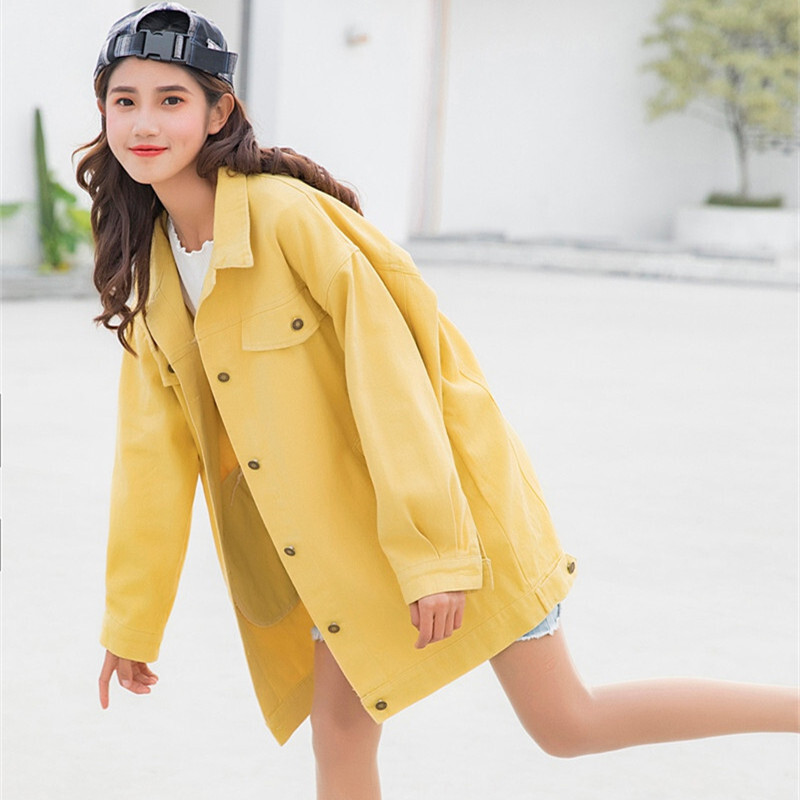 春秋韩版宽松大码bf学生糖果色原宿中长款牛仔工装风衣外套女