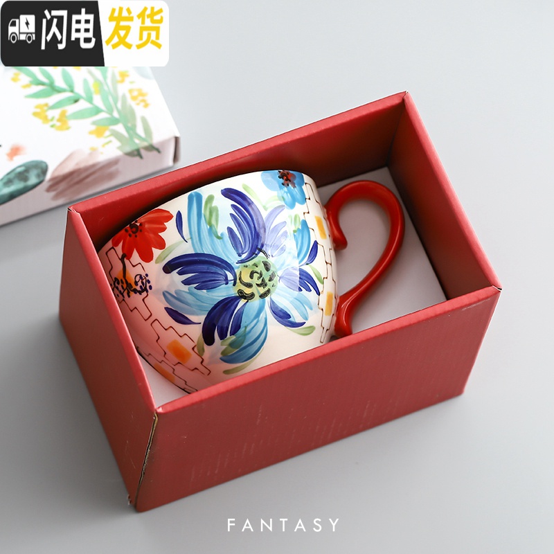 三维工匠手绘早餐杯大号牛奶燕麦杯麦片杯子陶瓷家用办公两用杯大容量带勺马克杯高清大图