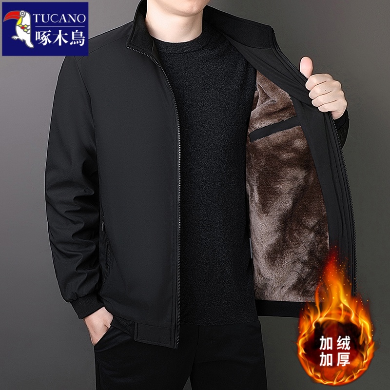 啄木鸟秋冬季夹克男士加绒加厚抗寒立领中老年大码宽松爸爸装外爸 XL120-135斤 221黑色加绒加厚
