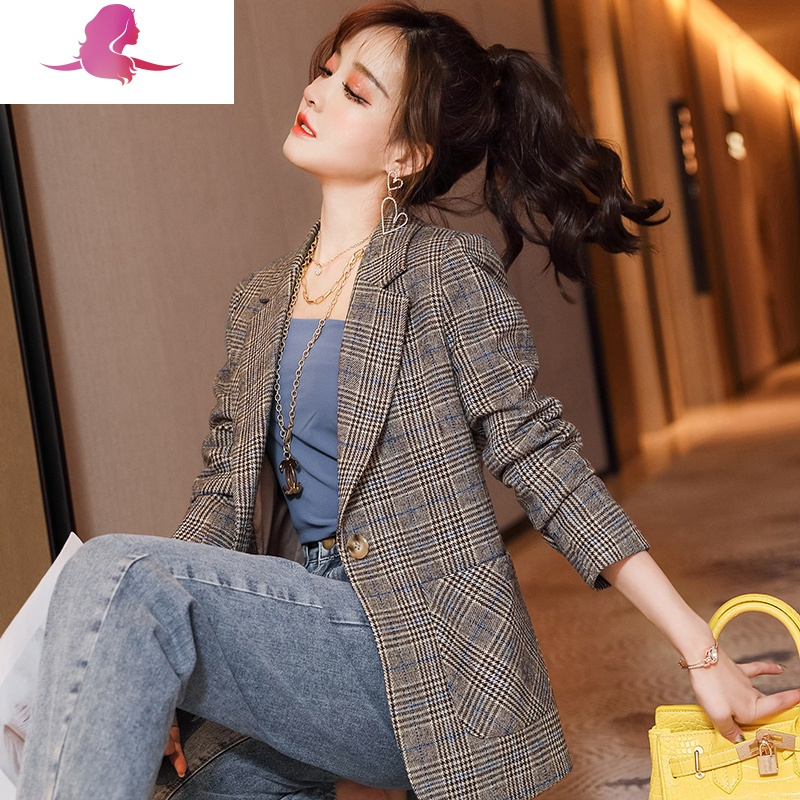 艳如飞格子西装外套女短款春季薄款炸街减龄小个子春装休闲西服上衣