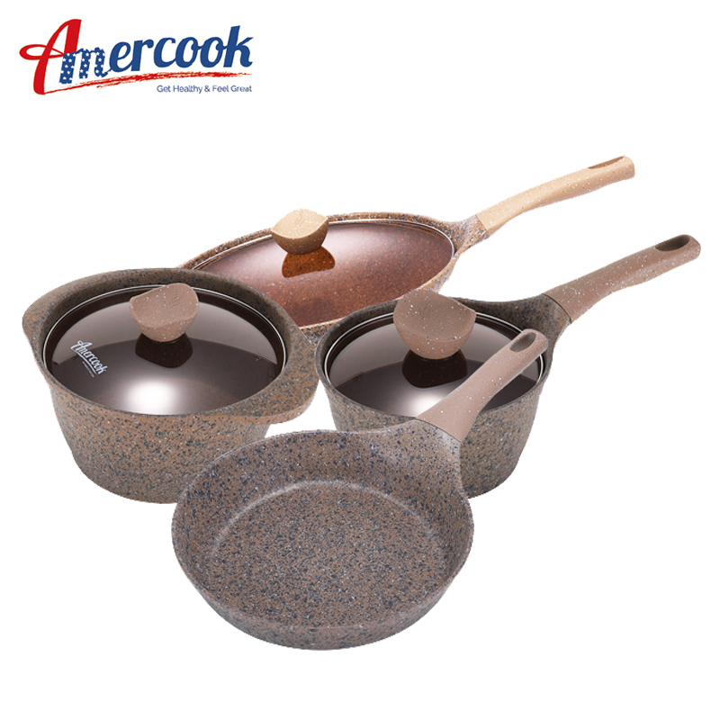 AMERCOOK阿尔菲塔麦饭石炒锅不粘锅奶锅煎锅汤锅4件套锅平底锅 家用煎锅炖锅炒锅火锅煲汤锅 明火电磁炉通用 咖啡色