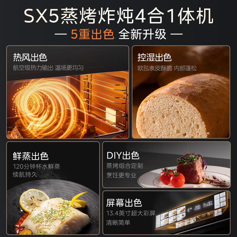 美的无边全嵌蒸烤箱SX5 嵌入式蒸箱烤箱一体机 55L家用大容量 温湿智控 涡轮热风 蒸烤炸炖4合1体机 SX5