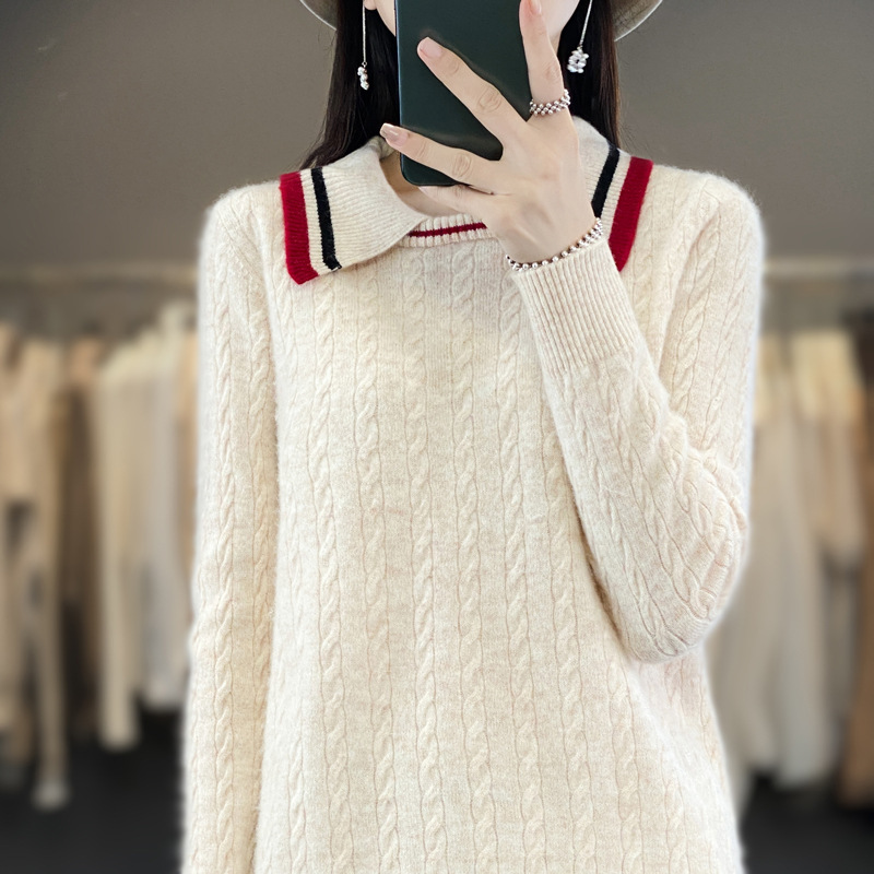 学院风假两件Polo领长袖针织衫女复古麻花翻领撞色毛衣打底上衣
