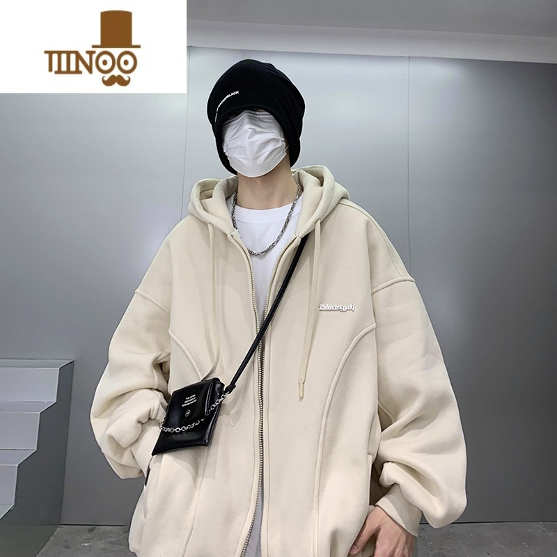 YANXU连帽开衫卫衣男士美式复古潮牌高街设计感男生小众休闲外套 52杏色 2XL推荐155-195斤