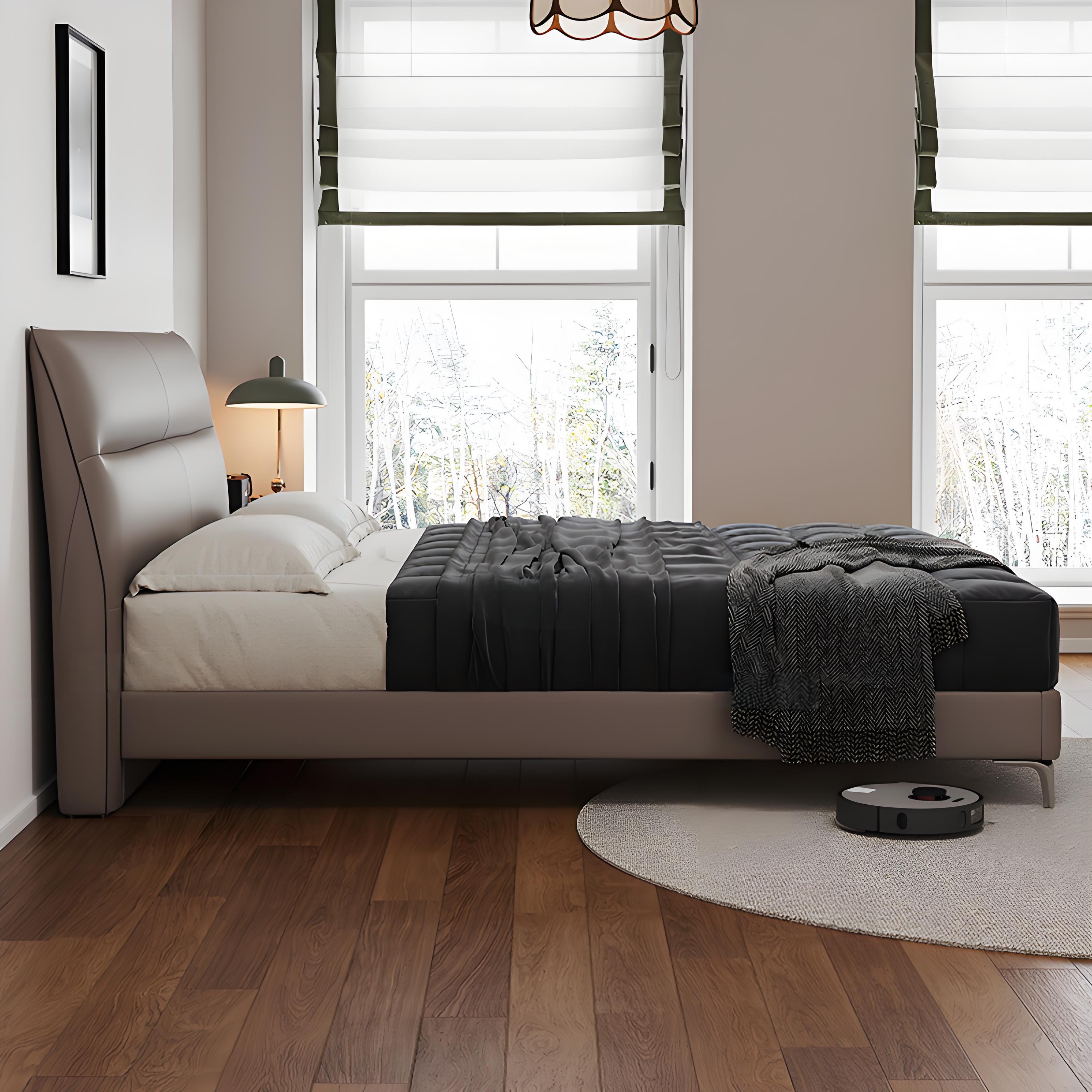 欧先生高脚实木现代极简真皮双人软靠包主卧次卧室真皮床1.5米1.8米婚床高清大图