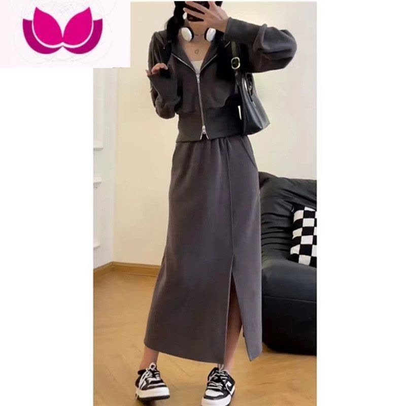 七斓时尚休闲运动风套装女高级感连帽外套高腰开叉半身长裙套图片