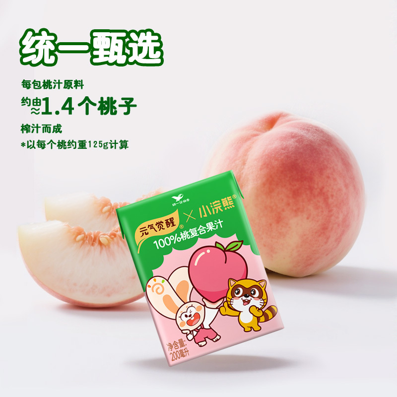 小浣熊联名]统一元气觉醒100%桃味苹果味便携装200ml*6盒混合果汁饮料高清大图