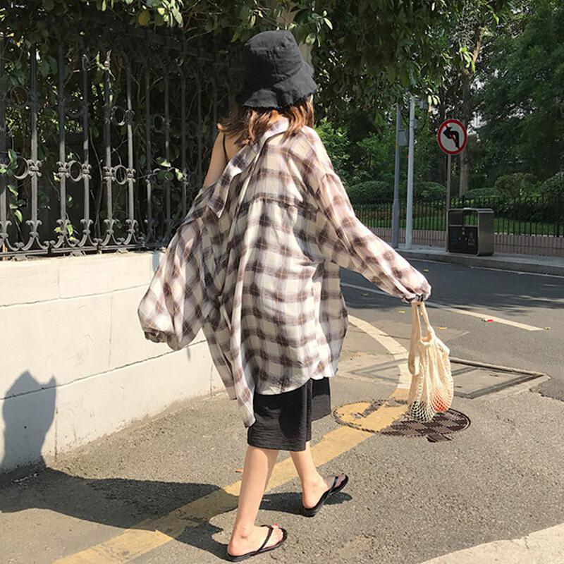 韩版宽松显瘦长袖雪纺格子衬衫女学生2018新款百搭中长款防晒衬衣白色百搭均码
