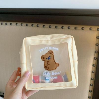 网纱透明小熊化妆包可爱卡通少女心收纳包大容量便捷洗漱包旅行包 黄色小熊小号化妆包-正方形