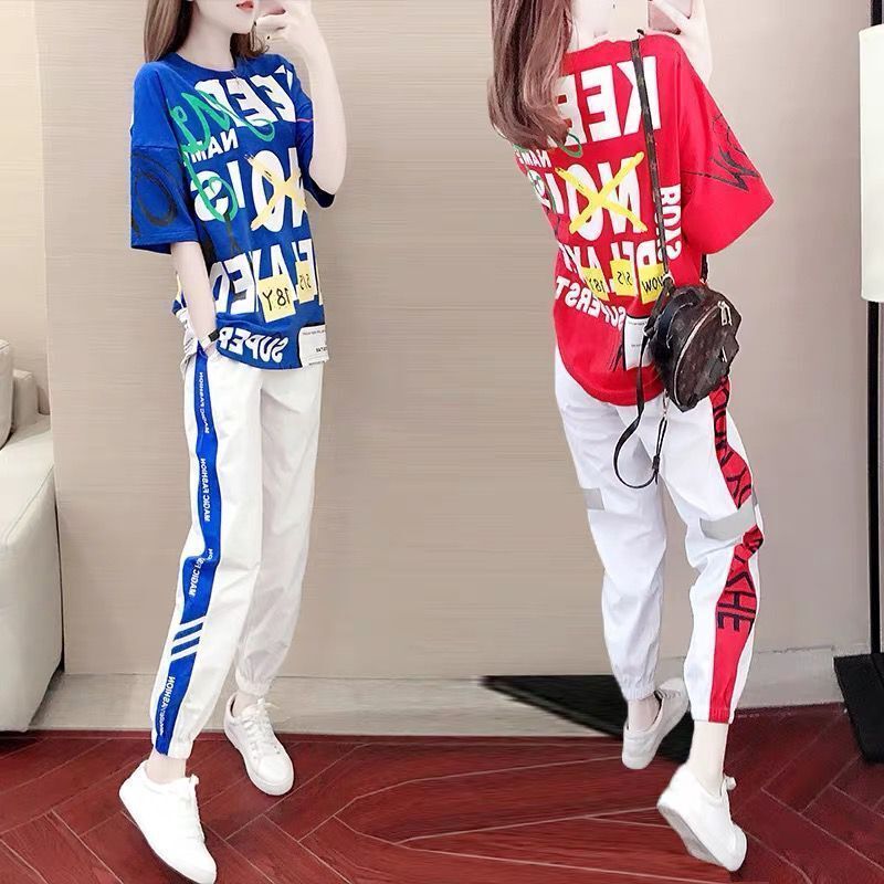 运动套装女2021新款韩版宽松休闲微胖显瘦两件套大码运动套装女夏